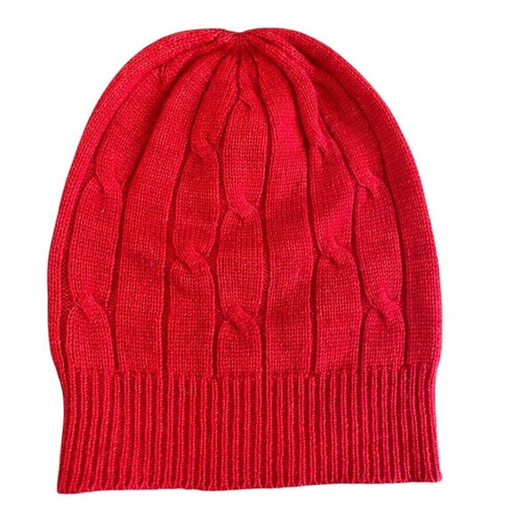 100% Cashmere Red Cable-Knit Beanie Cap, Helping Hand Handlooms #340F - Picture 4 of 8